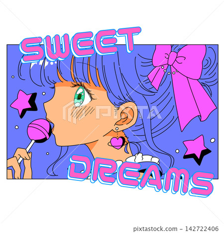 Heisei retro style, blue-haired girl with a ribbon 142722406
