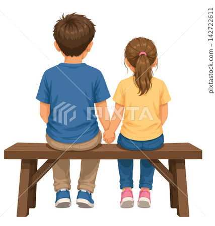 Vsai boy and girl holding hands sitting on bench childhood friendship Vsai boy and girl holding hands sitting on bench childhood friendship 142722611