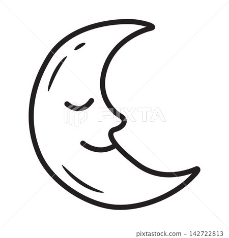 Cute sleeping crescent moon face outline icon for kids coloring page nursery design. Cute sleeping crescent moon face outline icon for kids coloring page nursery design. 142722813
