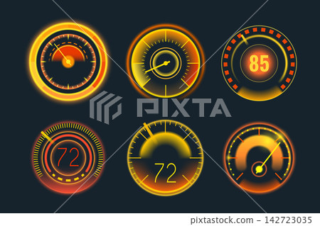 Car dashboard meter with neon speedometer display Car dashboard meter with neon speedometer display 142723035
