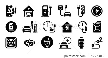 EV charging station icons, electric car energy set EV charging station icons, electric car energy set 142723036