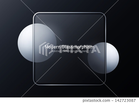 Frosted transparent glass card with rounded edges and matte monochrome 3D spheres on a dark gray background. A banner suitable for UI design, presentations, and modern web interfaces. Frosted transparent glass card with rounded edges and matte monochrome 3D spheres on a dark gray background. A banner suitable for UI design, presentations, and modern web interfaces. 142723087