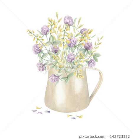 Bouquet of clover flowers, lavender, and wild herbs in beige ceramic pitcher watercolor isolated illustration. Rustic floral design for interior decor, stationery, botanical greeting card Bouquet of clover flowers, lavender, and wild herbs in beige ceramic pitcher watercolor isolated illustration. Rustic floral design for interior decor, stationery, botanical greeting card 142723322