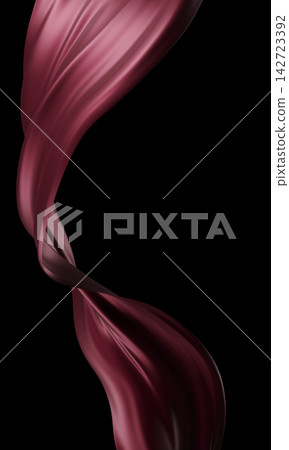 Abstract flowing burgundy silk fabric wave isolated on black background with copy space 3D render Abstract flowing burgundy silk fabric wave isolated on black background with copy space 3D render 142723392