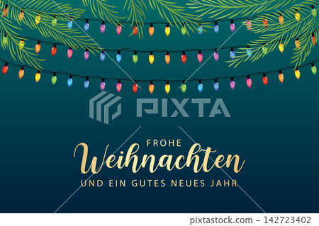 christmas greeting card with colorful shiny fairy lights and fir branches vector illustration christmas greeting card with colorful shiny fairy lights and fir branches vector illustration 142723402