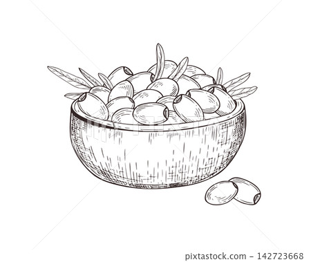 Olives in wooden bowl with leaves hand drawn black ink vector illustration in engraving style. Fresh Mediterranean fruit linear drawing. Monochrome food sketch for menu design, healthy nutrition label Olives in wooden bowl with leaves hand drawn black ink vector illustration in engraving style. Fresh Mediterranean fruit linear drawing. Monochrome food sketch for menu design, healthy nutrition label 142723668