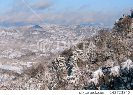Panoramic View of Snow Covered Mountain Valley Panoramic View of Snow Covered Mountain Valley 142723840