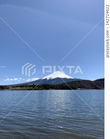 白雪皚皚的富士山，在藍天和湖面映襯下顯得格外巍峨。 142724022