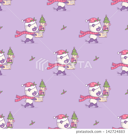 Christmas Seamless Pattern Panda Kawaii in Santa Hat with Stack of Gift Boxes and Parcel, Small Xmas Tree. Holiday Cute Bear Mascot Character Running Fast on Violet Background. Vector Illustration Christmas Seamless Pattern Panda Kawaii in Santa Hat with Stack of Gift Boxes and Parcel, Small Xmas Tree. Holiday Cute Bear Mascot Character Running Fast on Violet Background. Vector Illustration 142724883