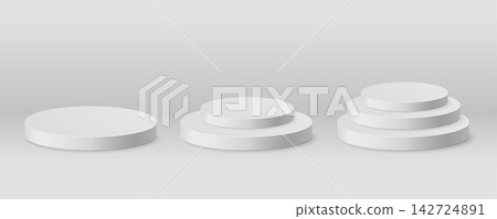 Vector set white cylindrical plinth podium in ascending height.  142724891