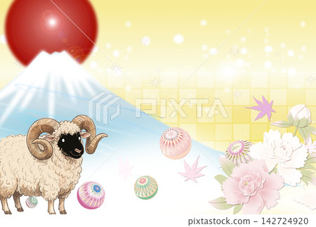 新年卡片模板，以富士山和羊年為主題，並附有新年祝福語。 142724920