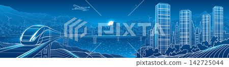 Panoramic vector illustration of a futuristic high speed train traveling through a modern smart city with skyscrapers, mountains, wind turbines and airplane. Concept of future transportation, urban mo Panoramic vector illustration of a futuristic high speed train traveling through a modern smart city with skyscrapers, mountains, wind turbines and airplane. Concept of future transportation, urban mo 142725044