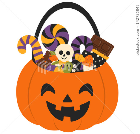 Halloween Pumpkin Bucket with Candy and Skull Illustration Halloween Pumpkin Bucket with Candy and Skull Illustration 142725045