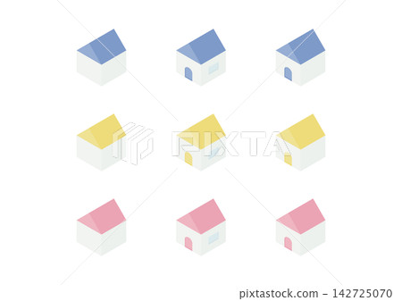A set of simple isometric illustrations of a house with windows and doors (blue, yellow, pink). A set of simple isometric illustrations of a house with windows and doors (blue, yellow, pink). 142725070