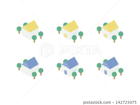 A set of simple isometric illustrations of a house surrounded by trees (yellow and blue). A set of simple isometric illustrations of a house surrounded by trees (yellow and blue). 142725075