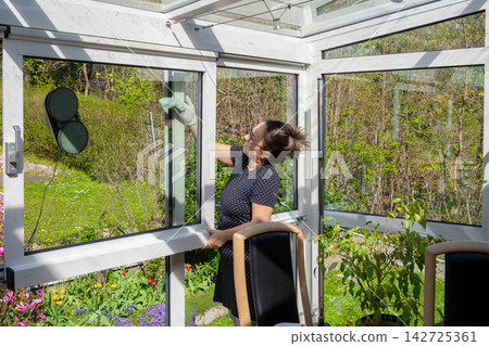 Woman cleaning greenhouse window while standing inside a sunny conservatory 142725361