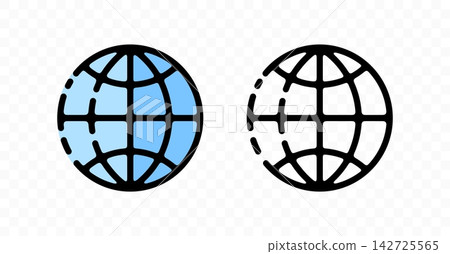 Creative flat vector design element of a stylized cartoon planet earth globe grid. Simple flat sphere model with a few lines of latitude, longitude, meridians, and parallels. Clean linear outline shap 142725565