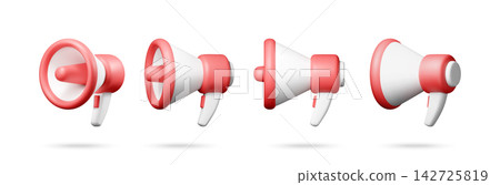 Set of red and white megaphone icons in 3d Set of red and white megaphone icons in 3d 142725819