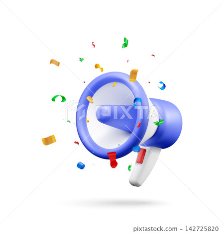 Blue megaphone with colorful confetti in 3d Blue megaphone with colorful confetti in 3d 142725820