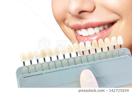 Dentist Selecting Tooth Shade for Dental Treatment Dentist Selecting Tooth Shade for Dental Treatment 142725834