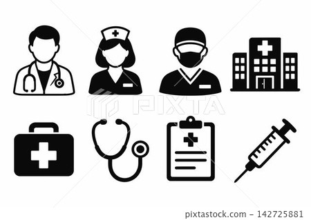 Healthcare professionals and medical icons set doctor nurse hospital and medical equipment Healthcare professionals and medical icons set doctor nurse hospital and medical equipment 142725881