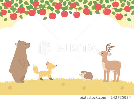 Autumn background illustration featuring apples and cute animals Autumn background illustration featuring apples and cute animals 142725924