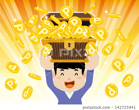 An illustration of a man overjoyed as a large amount of point coins spill out of a treasure chest. An illustration of a man overjoyed as a large amount of point coins spill out of a treasure chest. 142725941