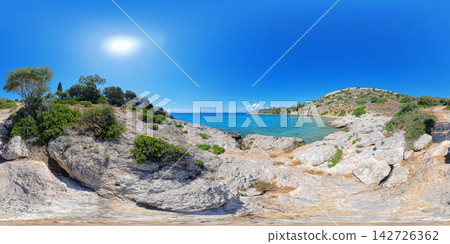 Rocky Aegean Sea Coast Near Athens, Greece, 360 VR Photo 8K Rocky Aegean Sea Coast Near Athens, Greece, 360 VR Photo 8K 142726362