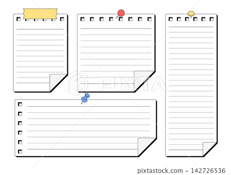 A set of memo paper attached with thumbtacks and tape, with ruled lines. A set of memo paper attached with thumbtacks and tape, with ruled lines. 142726536