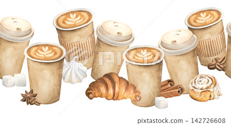 A seamless watercolor border featuring a cappuccino, Americano, croissant, and cinnamon bun. Sweet meringues and marshmallows are hand-drawn. Suitable for coffee shops, menus, prints, and other design A seamless watercolor border featuring a cappuccino, Americano, croissant, and cinnamon bun. Sweet meringues and marshmallows are hand-drawn. Suitable for coffee shops, menus, prints, and other design 142726608