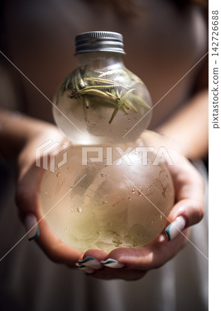 Clear glass bottle filled with infused water and herbs held by a person with manicured nails, soft lighting highlights condensation on the bottle surface Clear glass bottle filled with infused water and herbs held by a person with manicured nails, soft lighting highlights condensation on the bottle surface 142726688