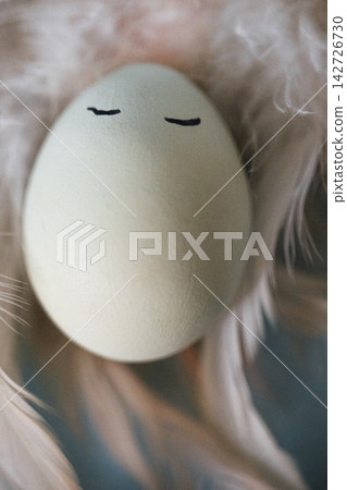 Decorative egg with minimalist facial features resting on soft feathers, showcasing a unique artistic design in a close-up view Decorative egg with minimalist facial features resting on soft feathers, showcasing a unique artistic design in a close-up view 142726730