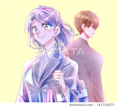 A man and a woman in suits, smiling, standing back-to-back; working professionals; backlit. A man and a woman in suits, smiling, standing back-to-back; working professionals; backlit. 142726875