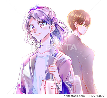 A man and a woman in suits, smiling, standing back-to-back; working professionals; backlit. A man and a woman in suits, smiling, standing back-to-back; working professionals; backlit. 142726877
