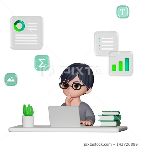 3D CG | Asian man with black hair and glasses using a laptop spreadsheet. 3D CG | Asian man with black hair and glasses using a laptop spreadsheet. 142726889