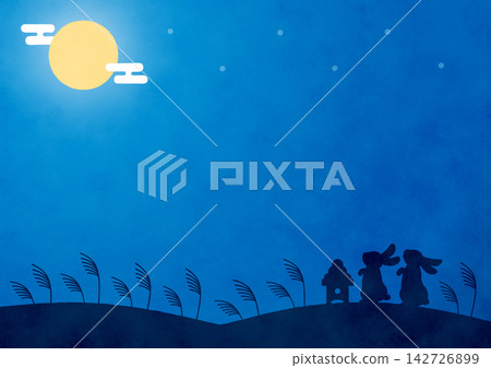 以深藍色夜空為背景,畫面中有一隻兔子、一輪滿月和觀賞月亮的蒲葦草。 以深藍色夜空為背景,畫面中有一隻兔子、一輪滿月和觀賞月亮的蒲葦草。 142726899