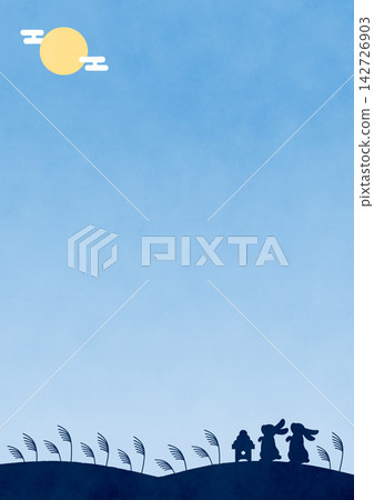以兔子、滿月和蒲葦草為背景的賞月場景，月光下的夜晚背景，垂直版尺寸 142726903
