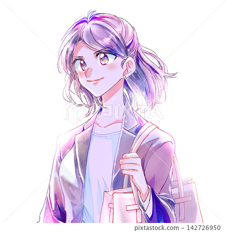 A positive-looking woman in a suit; a working professional; backlit. A positive-looking woman in a suit; a working professional; backlit. 142726950