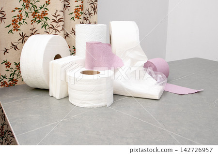 Rolls Of Toilet Paper Towels. Roll on gray background 142726957