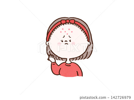 一位女孩因額頭(T區,皮膚刺激)上的青春期痤瘡而困擾。 一位女孩因額頭(T區,皮膚刺激)上的青春期痤瘡而困擾。 142726979