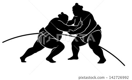 A sumo wrestler's silhouette as he attacks by disrupting his opponent's balance. A sumo wrestler's silhouette as he attacks by disrupting his opponent's balance. 142726992
