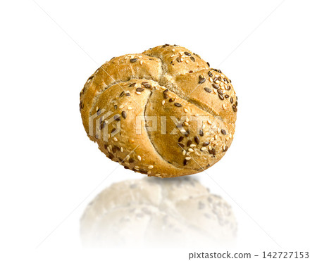 Seeded Kaiser roll bread bakery wholegrain sesame flax fresh bun isolated on white background with reflection view close Seeded Kaiser roll bread bakery wholegrain sesame flax fresh bun isolated on white background with reflection view close 142727153