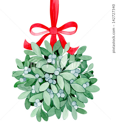 Mistletoe bouquet, vintage Christmas illustration. Delicate watercolor drawing. Mistletoe bouquet, vintage Christmas illustration. Delicate watercolor drawing. 142727340
