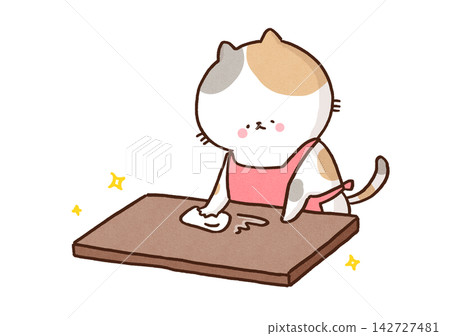 A cat (housewife/waitress) is wiping a table clean with a cloth. A cat (housewife/waitress) is wiping a table clean with a cloth. 142727481