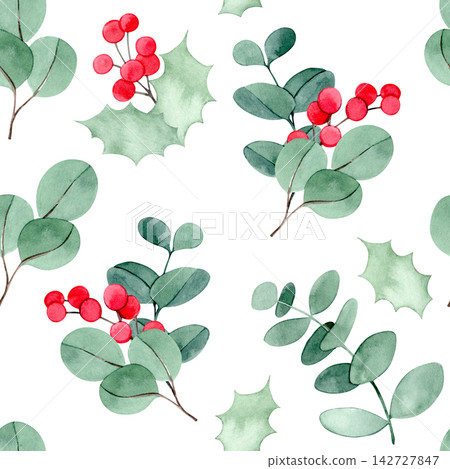 Christmas pattern of holly and eucalyptus leaves. vintage watercolor print. Christmas pattern of holly and eucalyptus leaves. vintage watercolor print. 142727847