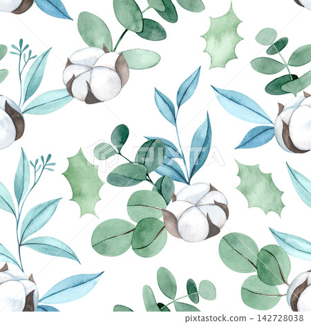Christmas pattern of holly leaves, eucalyptus, and cotton. vintage watercolor illustration. Christmas pattern of holly leaves, eucalyptus, and cotton. vintage watercolor illustration. 142728038