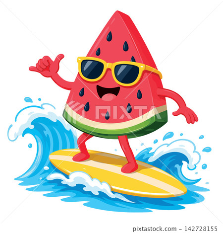 Vsai watermelon character surfing ocean wave in sunglasses Vsai watermelon character surfing ocean wave in sunglasses 142728155