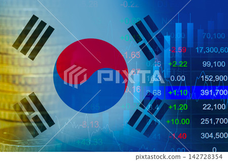 South Korea flag Stock market finance business, economy trend graph digital technology. South Korea flag Stock market finance business, economy trend graph digital technology. 142728354