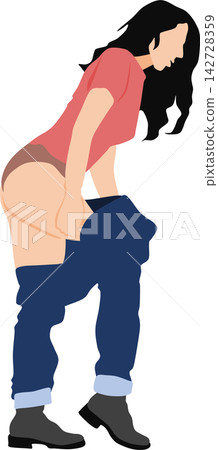 一幅描繪女子脫下牛仔褲換衣服的插圖。 一幅描繪女子脫下牛仔褲換衣服的插圖。 142728359