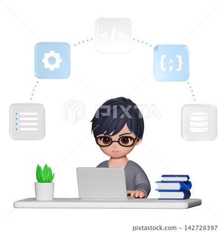 3D CG | Asian man with glasses programming and coding on a computer 3D CG | Asian man with glasses programming and coding on a computer 142728397